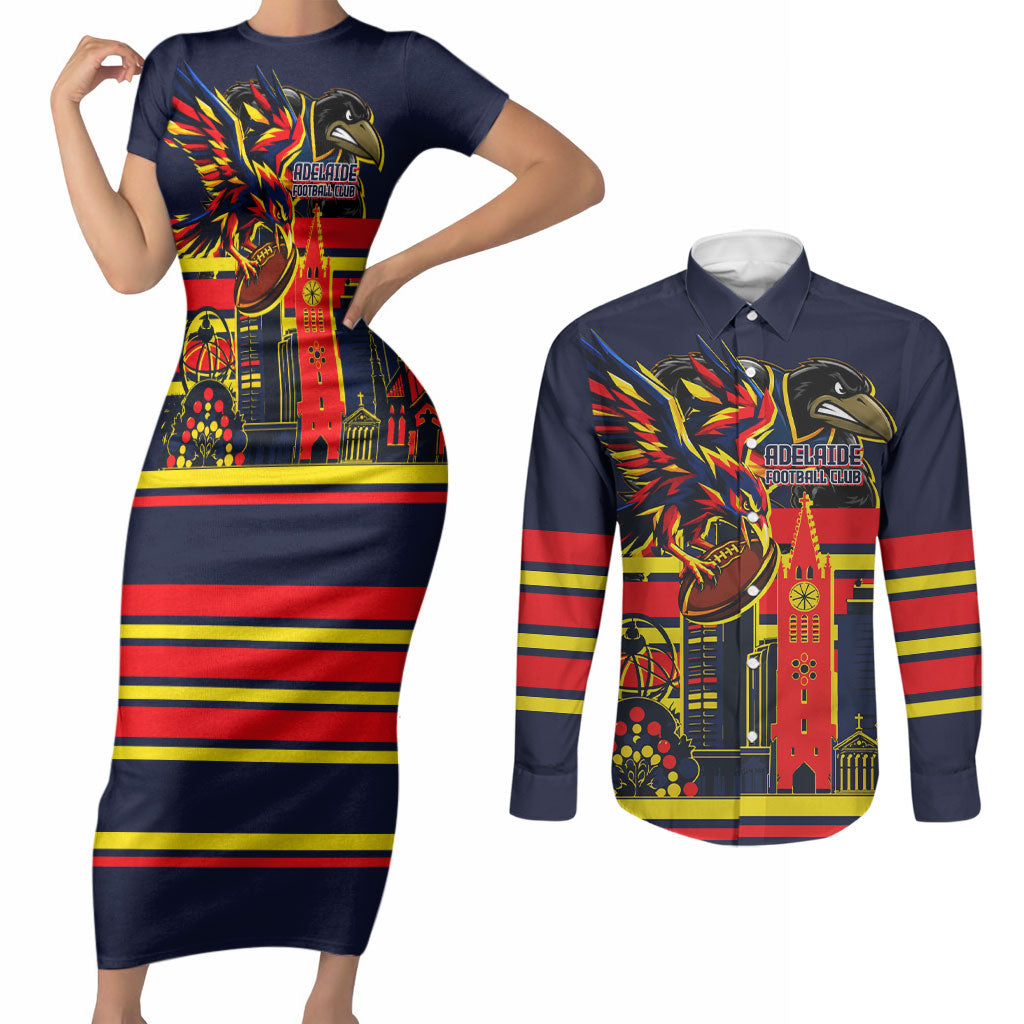 Personalised Adelaide Crows City Of Football Team Couples Matching Short Sleeve Bodycon Dress and Long Sleeve Button Shirt Adelaide City Skyline Illustration Sport Fan