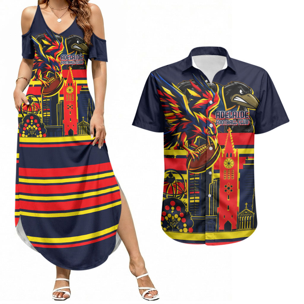 Personalised Adelaide Crows City Of Football Team Couples Matching Summer Maxi Dress and Hawaiian Shirt Adelaide City Skyline Illustration Sport Fan