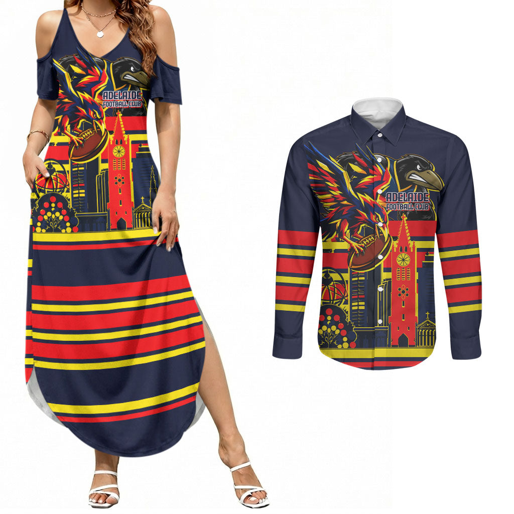Personalised Adelaide Crows City Of Football Team Couples Matching Summer Maxi Dress and Long Sleeve Button Shirt Adelaide City Skyline Illustration Sport Fan