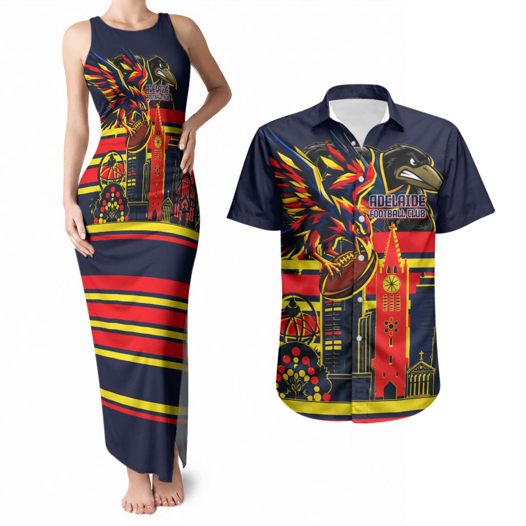 Personalised Adelaide Crows City Of Football Team Couples Matching Tank Maxi Dress and Hawaiian Shirt Adelaide City Skyline Illustration Sport Fan