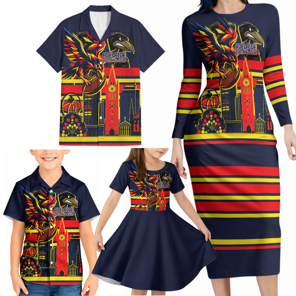 Personalised Adelaide Crows City Of Football Team Family Matching Long Sleeve Bodycon Dress and Hawaiian Shirt Adelaide City Skyline Illustration Sport Fan