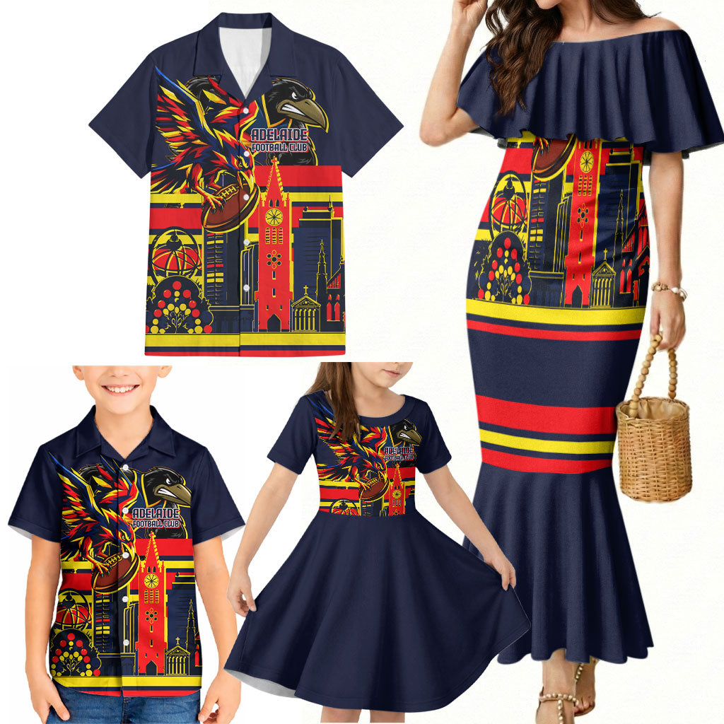 Personalised Adelaide Crows City Of Football Team Family Matching Mermaid Dress and Hawaiian Shirt Adelaide City Skyline Illustration Sport Fan