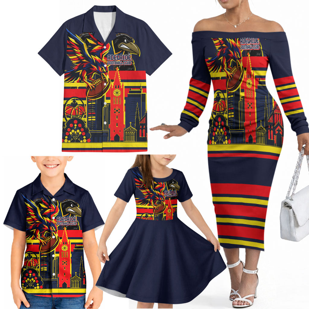 Personalised Adelaide Crows City Of Football Team Family Matching Off The Shoulder Long Sleeve Dress and Hawaiian Shirt Adelaide City Skyline Illustration Sport Fan