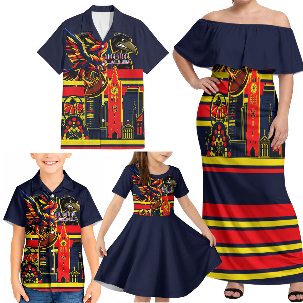 Personalised Adelaide Crows City Of Football Team Family Matching Off Shoulder Maxi Dress and Hawaiian Shirt Adelaide City Skyline Illustration Sport Fan