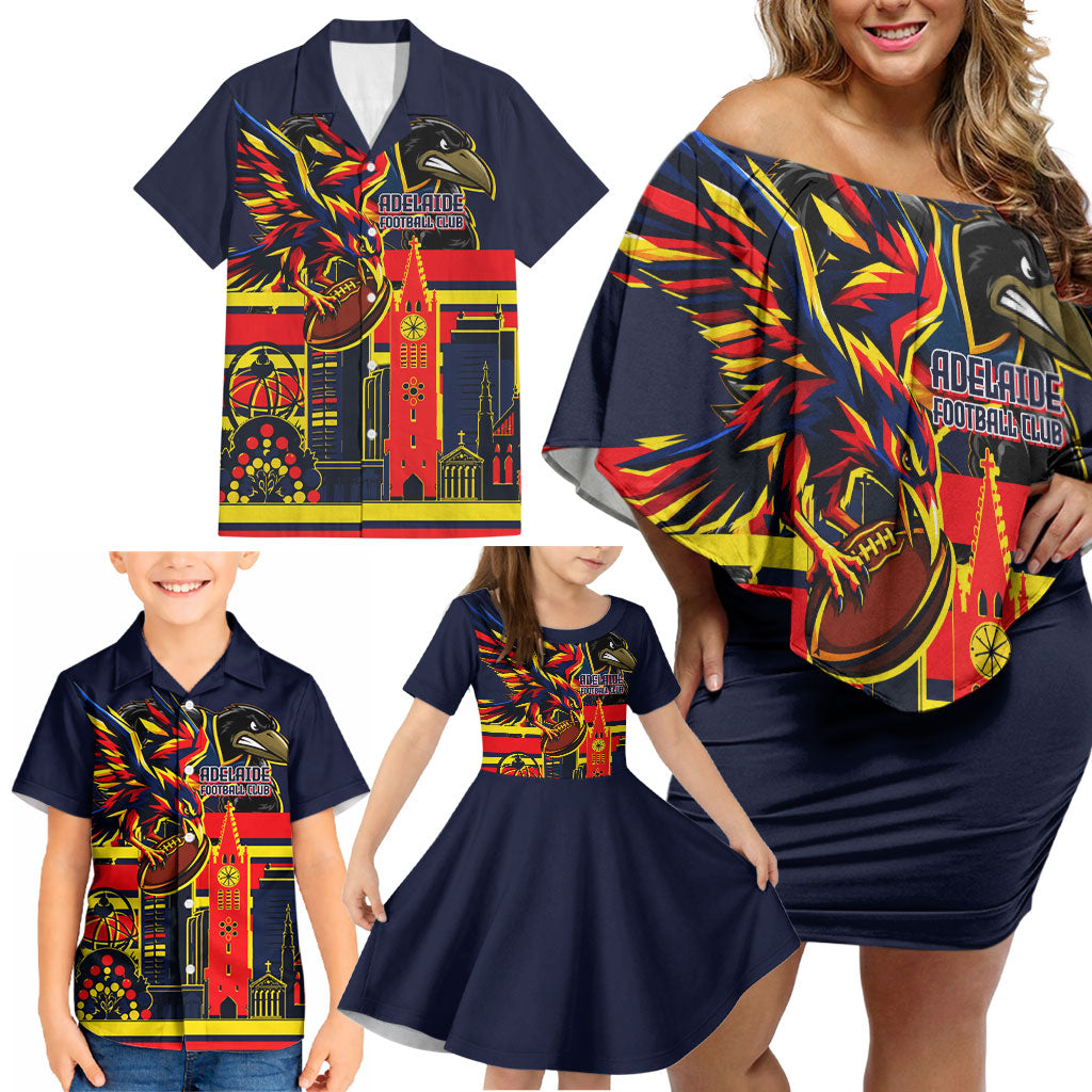 Personalised Adelaide Crows City Of Football Team Family Matching Off Shoulder Short Dress and Hawaiian Shirt Adelaide City Skyline Illustration Sport Fan