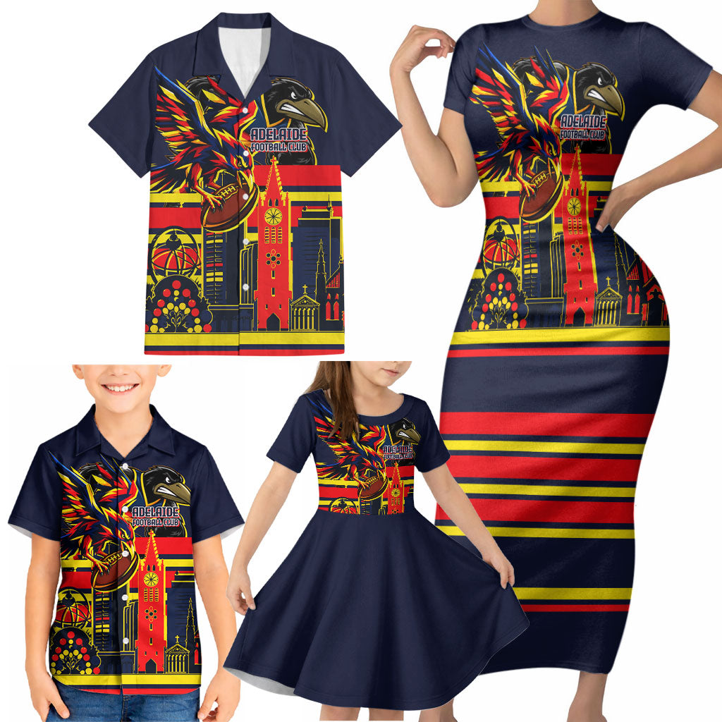 Personalised Adelaide Crows City Of Football Team Family Matching Short Sleeve Bodycon Dress and Hawaiian Shirt Adelaide City Skyline Illustration Sport Fan