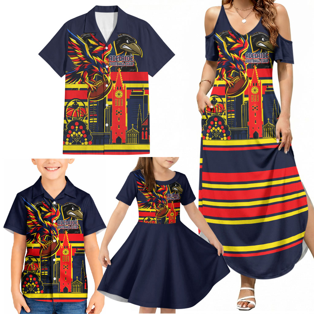 Personalised Adelaide Crows City Of Football Team Family Matching Summer Maxi Dress and Hawaiian Shirt Adelaide City Skyline Illustration Sport Fan