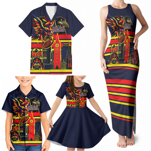Personalised Adelaide Crows City Of Football Team Family Matching Tank Maxi Dress and Hawaiian Shirt Adelaide City Skyline Illustration Sport Fan