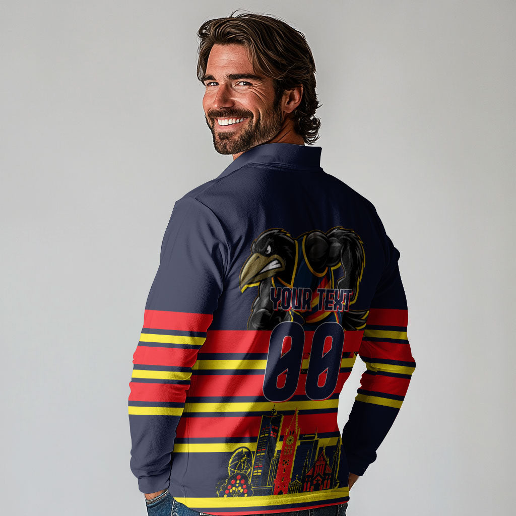 Personalised Adelaide Crows City Of Football Team Long Sleeve Polo Shirt Adelaide City Skyline Illustration Sport Fan