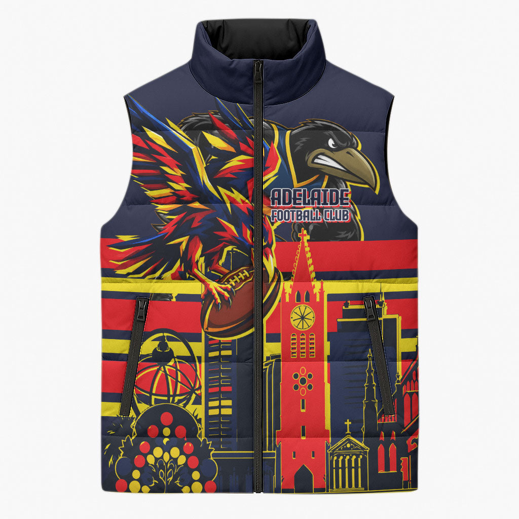 Personalised Adelaide Crows City Of Football Team Sleeveless Puffer Jacket Adelaide City Skyline Illustration Sport Fan