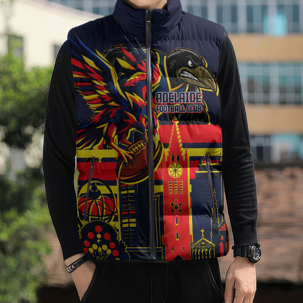 Personalised Adelaide Crows City Of Football Team Sleeveless Puffer Jacket Adelaide City Skyline Illustration Sport Fan