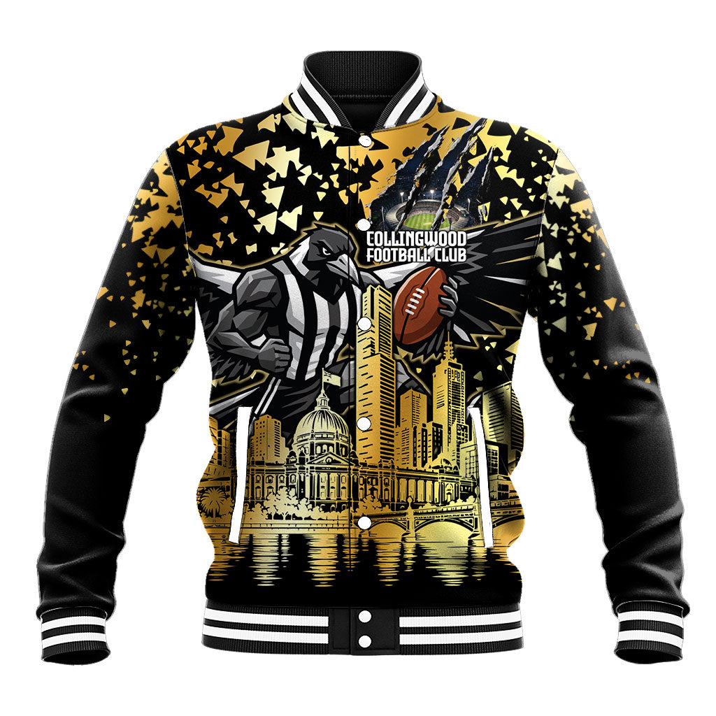 Personalised Collingwood Magpies City Of Football Team Baseball Jacket Melbourne City Skyline Illustration Sport Fan