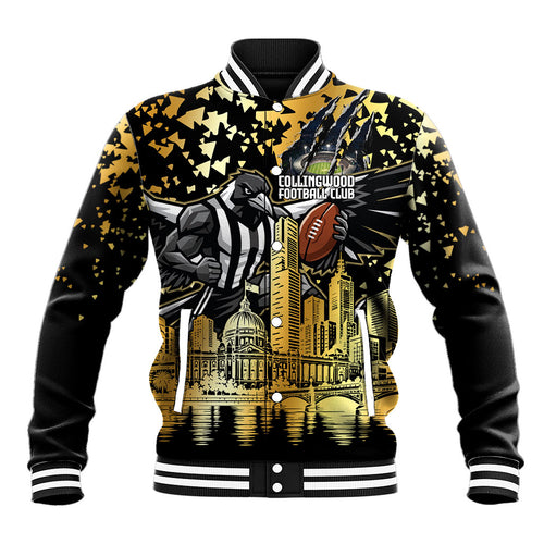 Personalised Collingwood Magpies City Of Football Team Baseball Jacket Melbourne City Skyline Illustration Sport Fan