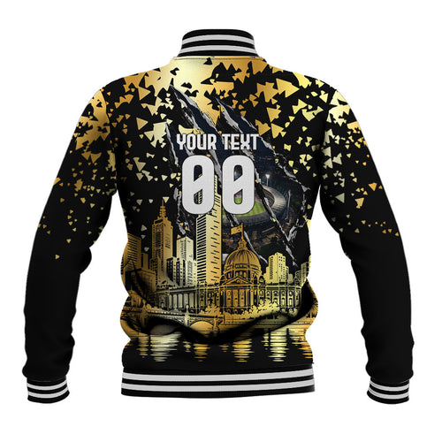 Personalised Collingwood Magpies City Of Football Team Baseball Jacket Melbourne City Skyline Illustration Sport Fan