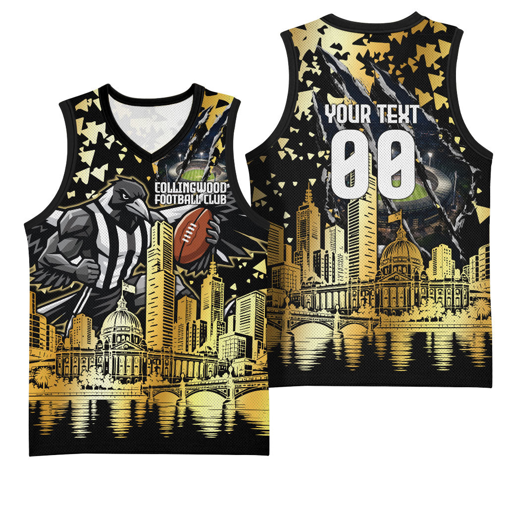 Personalised Collingwood Magpies City Of Football Team Basketball Jersey Melbourne City Skyline Illustration Sport Fan