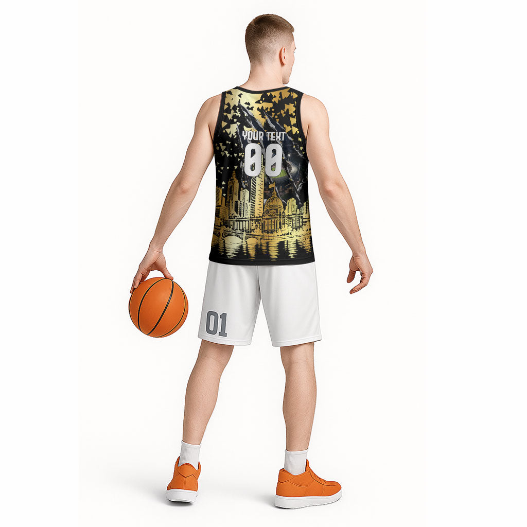 Personalised Collingwood Magpies City Of Football Team Basketball Jersey Melbourne City Skyline Illustration Sport Fan