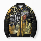 Personalised Collingwood Magpies City Of Football Team Bomber Puffer Jacket Melbourne City Skyline Illustration Sport Fan
