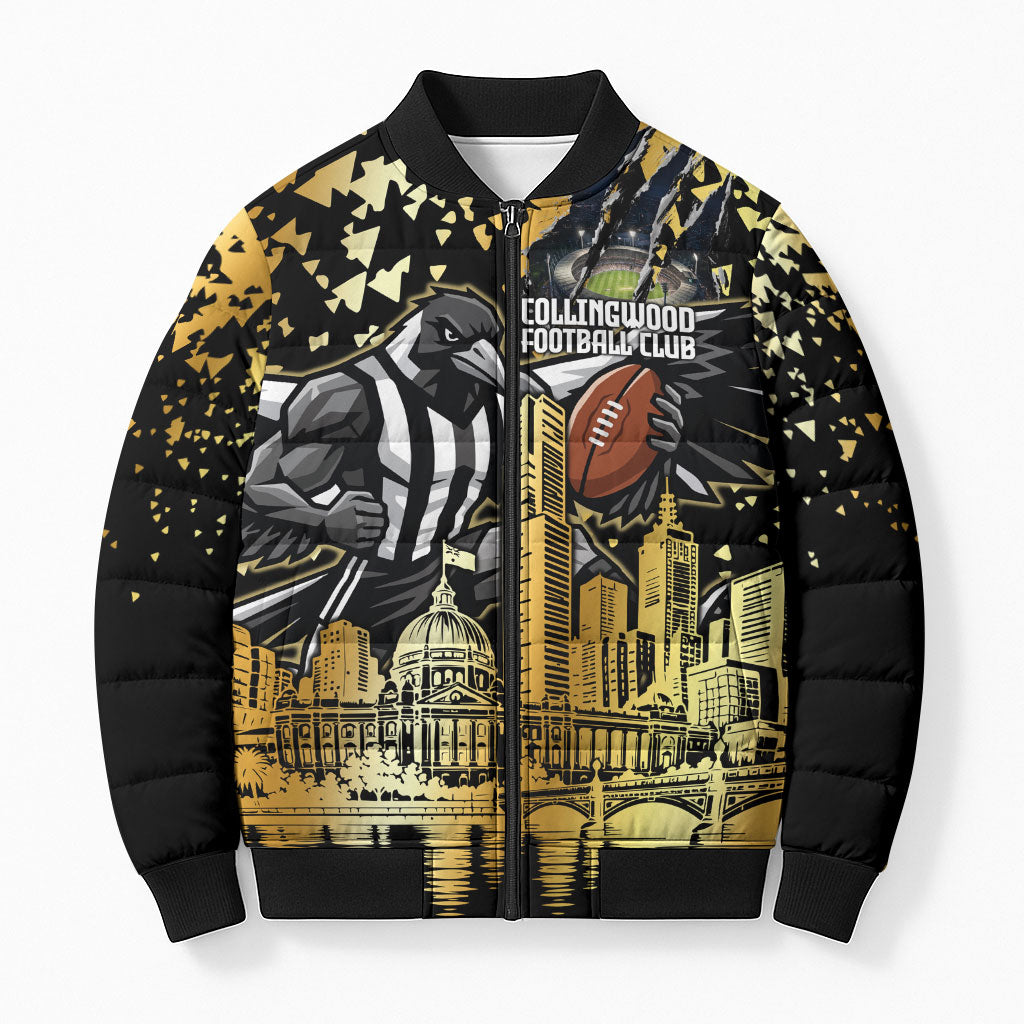 Personalised Collingwood Magpies City Of Football Team Bomber Puffer Jacket Melbourne City Skyline Illustration Sport Fan