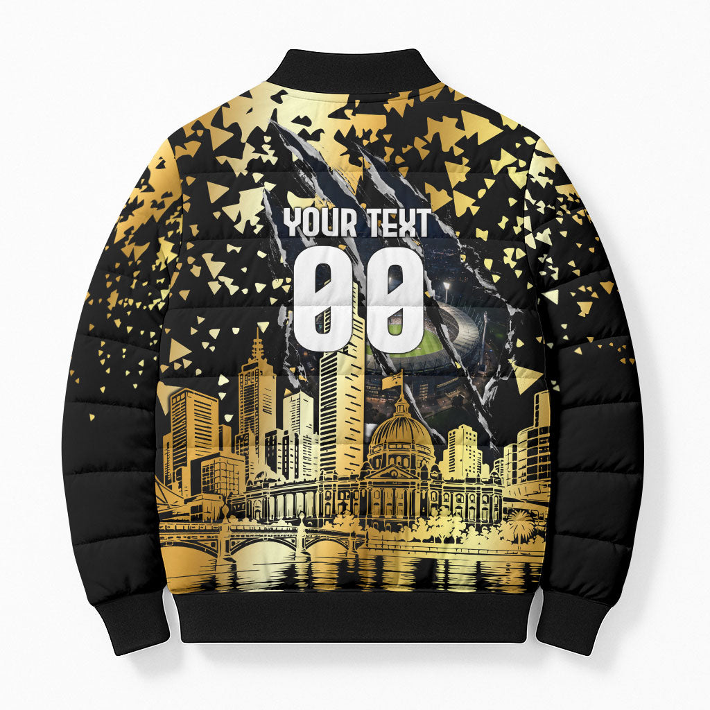 Personalised Collingwood Magpies City Of Football Team Bomber Puffer Jacket Melbourne City Skyline Illustration Sport Fan