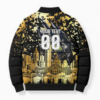 Personalised Collingwood Magpies City Of Football Team Bomber Puffer Jacket Melbourne City Skyline Illustration Sport Fan