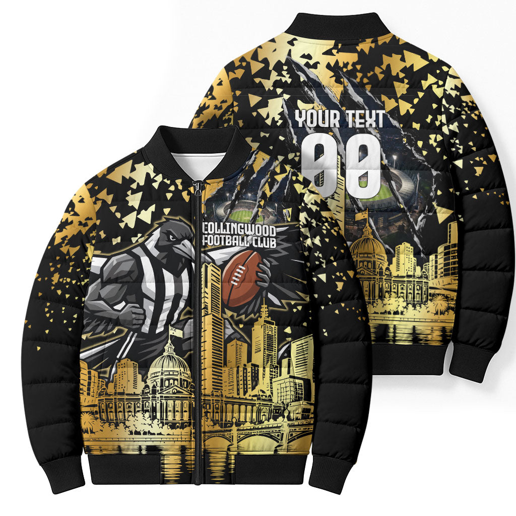 Personalised Collingwood Magpies City Of Football Team Bomber Puffer Jacket Melbourne City Skyline Illustration Sport Fan