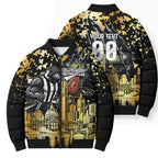 Personalised Collingwood Magpies City Of Football Team Bomber Puffer Jacket Melbourne City Skyline Illustration Sport Fan