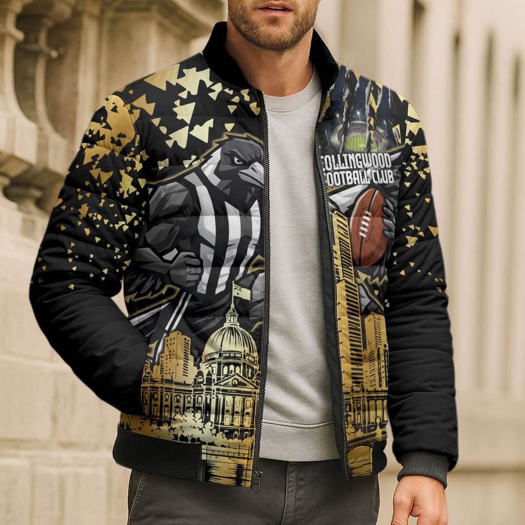 Personalised Collingwood Magpies City Of Football Team Bomber Puffer Jacket Melbourne City Skyline Illustration Sport Fan