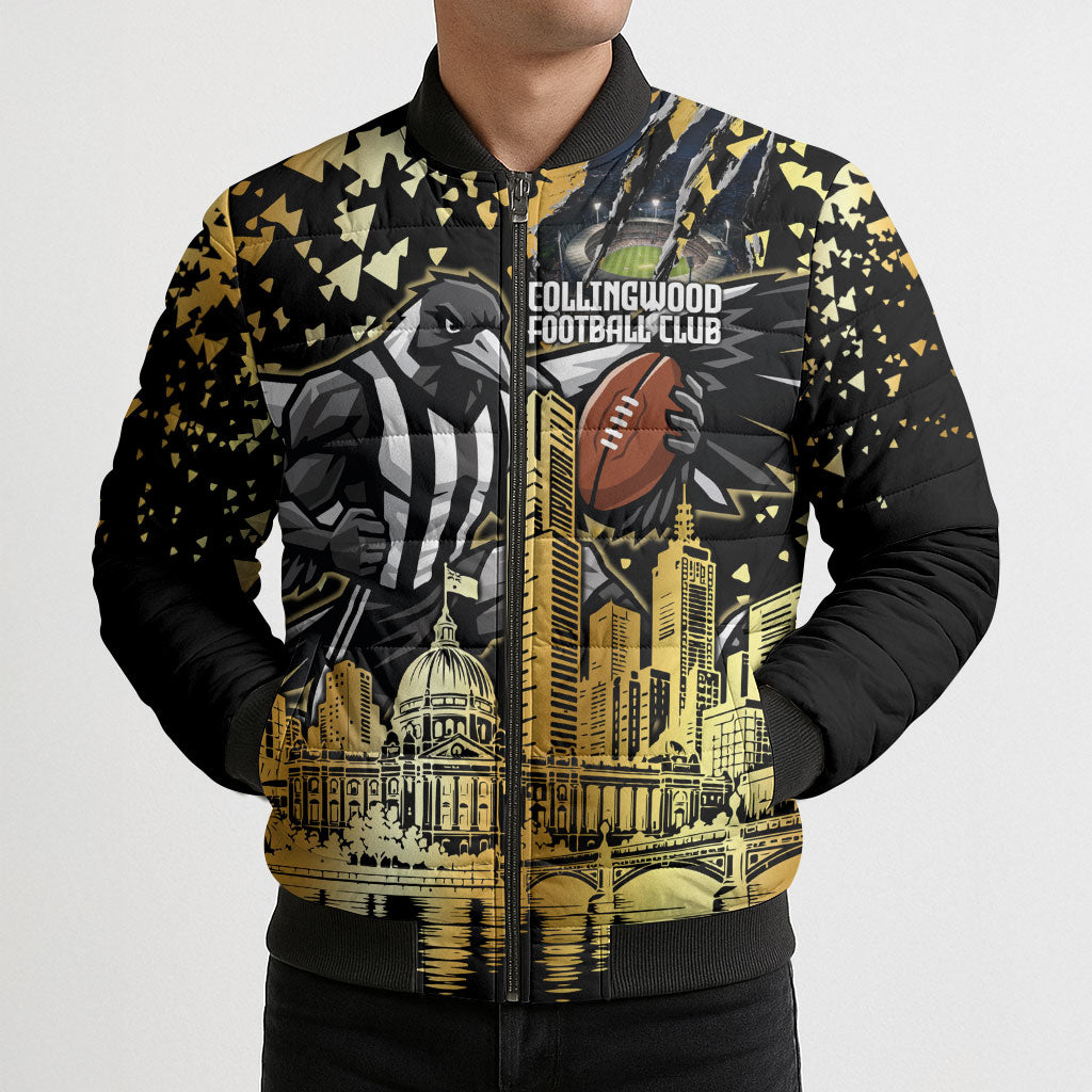 Personalised Collingwood Magpies City Of Football Team Bomber Puffer Jacket Melbourne City Skyline Illustration Sport Fan