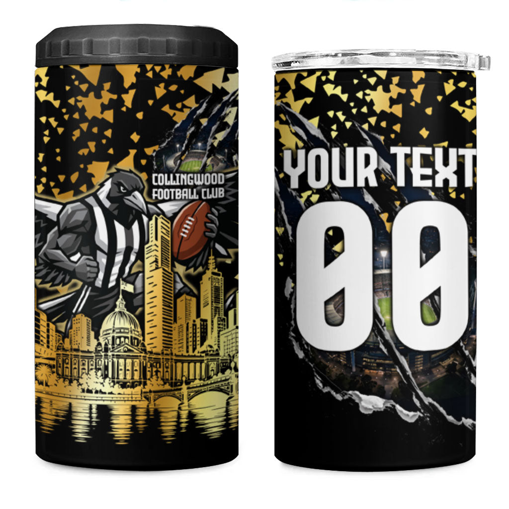 Personalised Collingwood Magpies City Of Football Team 4 in 1 Can Cooler Tumbler Melbourne City Skyline Illustration Sport Fan