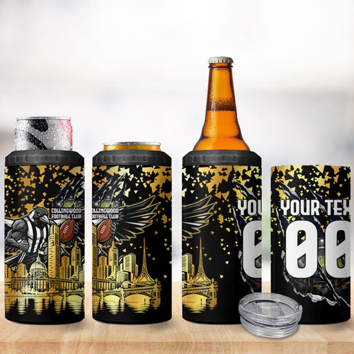 Personalised Collingwood Magpies City Of Football Team 4 in 1 Can Cooler Tumbler Melbourne City Skyline Illustration Sport Fan