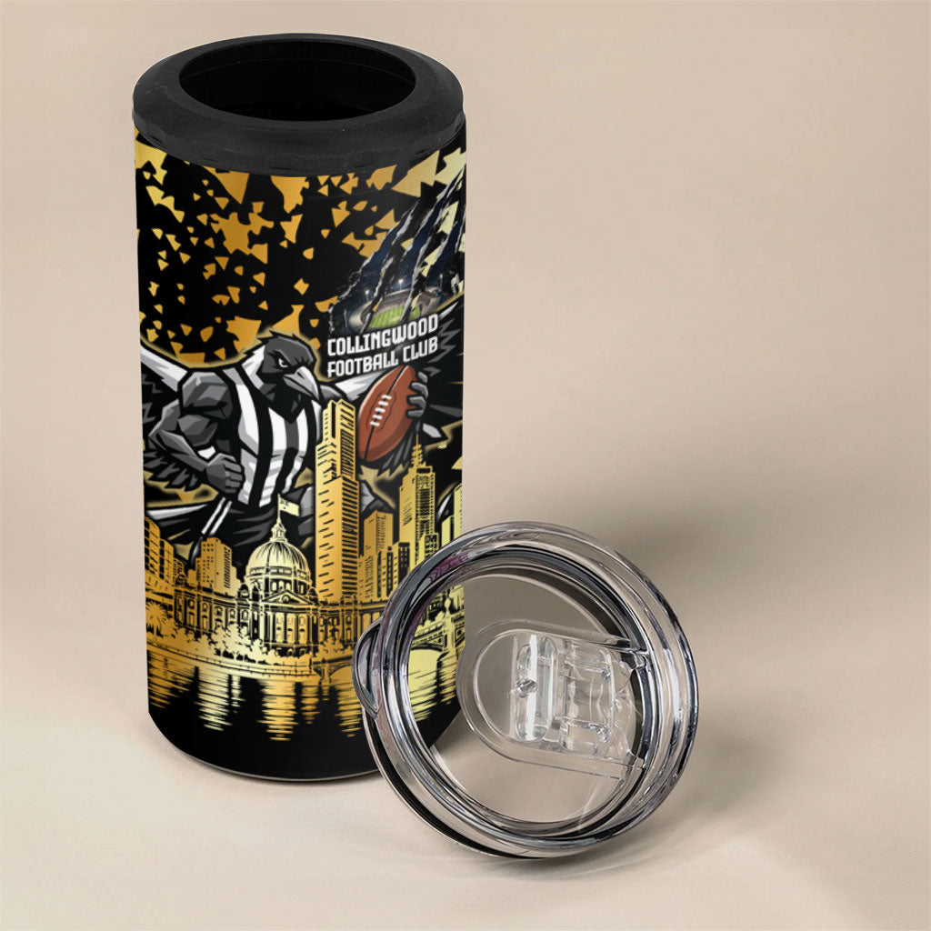 Personalised Collingwood Magpies City Of Football Team 4 in 1 Can Cooler Tumbler Melbourne City Skyline Illustration Sport Fan
