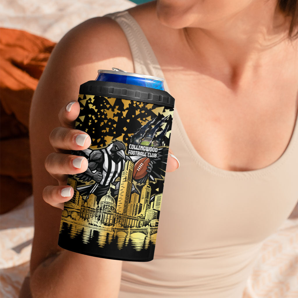 Personalised Collingwood Magpies City Of Football Team 4 in 1 Can Cooler Tumbler Melbourne City Skyline Illustration Sport Fan