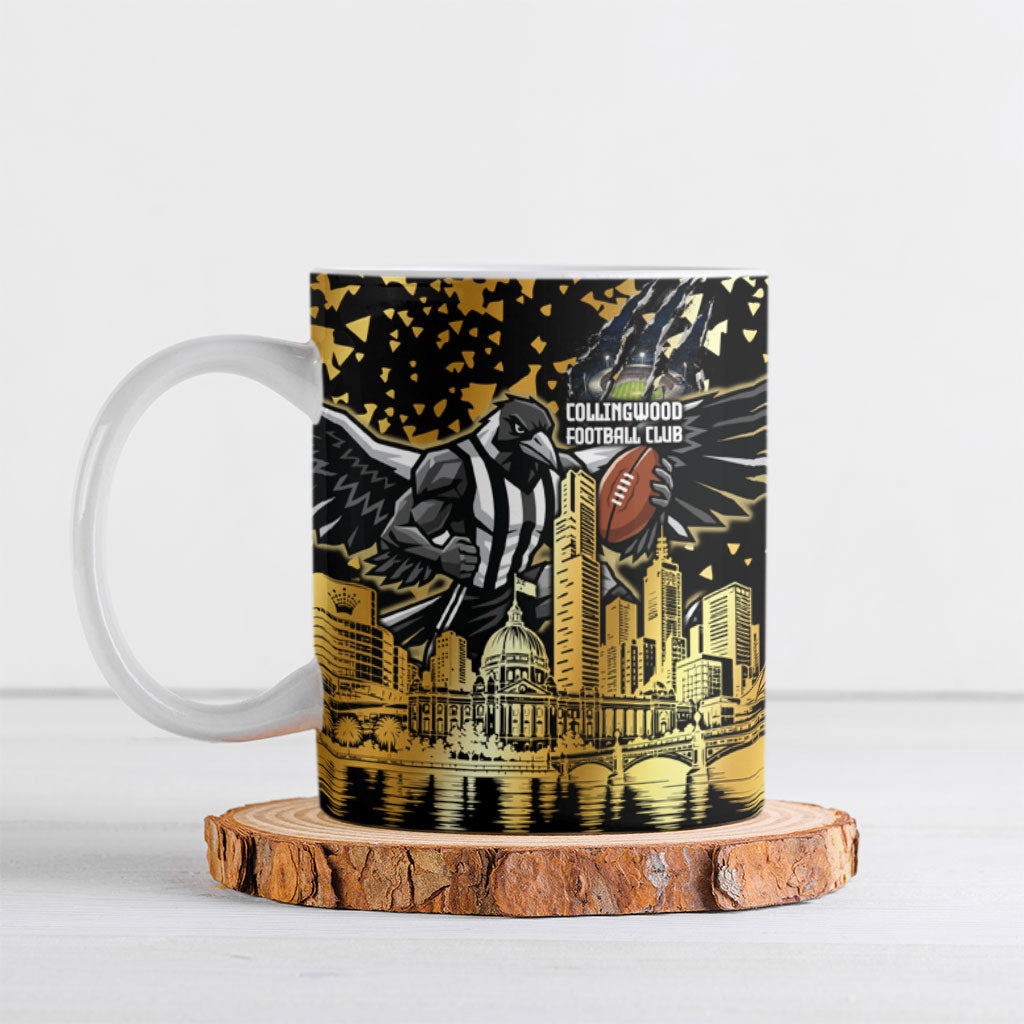 Personalised Collingwood Magpies City Of Football Team Ceramic Mug Melbourne City Skyline Illustration Sport Fan