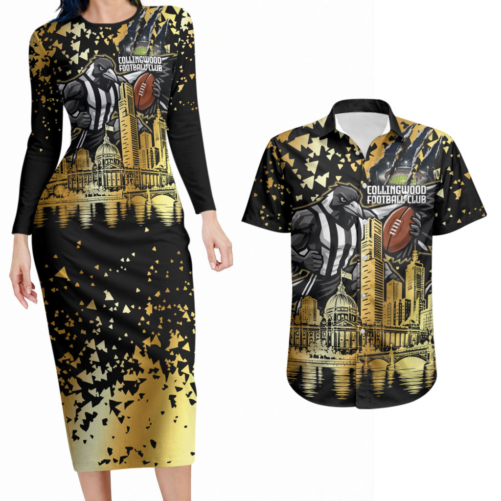 Personalised Collingwood Magpies City Of Football Team Couples Matching Long Sleeve Bodycon Dress and Hawaiian Shirt Melbourne City Skyline Illustration Sport Fan