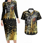 Personalised Collingwood Magpies City Of Football Team Couples Matching Long Sleeve Bodycon Dress and Hawaiian Shirt Melbourne City Skyline Illustration Sport Fan