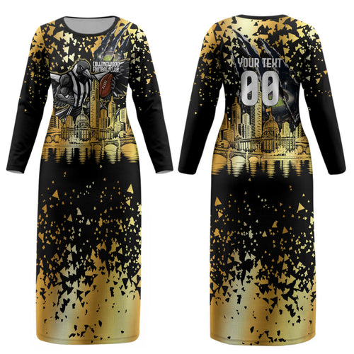 Personalised Collingwood Magpies City Of Football Team Couples Matching Long Sleeve Bodycon Dress and Hawaiian Shirt Melbourne City Skyline Illustration Sport Fan