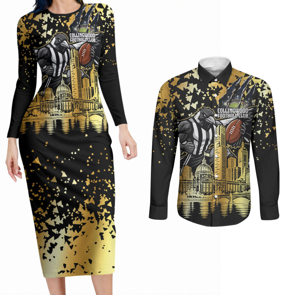 Personalised Collingwood Magpies City Of Football Team Couples Matching Long Sleeve Bodycon Dress and Long Sleeve Button Shirt Melbourne City Skyline Illustration Sport Fan