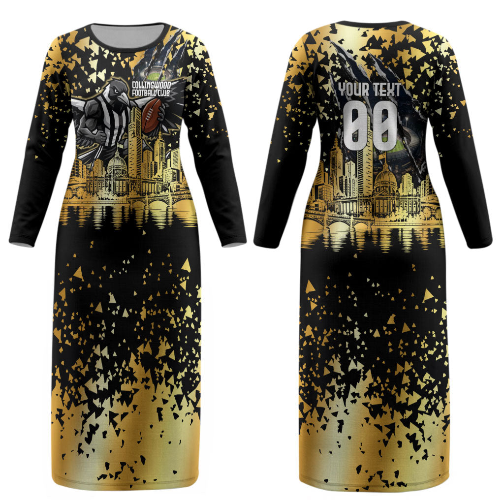 Personalised Collingwood Magpies City Of Football Team Couples Matching Long Sleeve Bodycon Dress and Long Sleeve Button Shirt Melbourne City Skyline Illustration Sport Fan