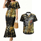 Personalised Collingwood Magpies City Of Football Team Couples Matching Mermaid Dress and Hawaiian Shirt Melbourne City Skyline Illustration Sport Fan