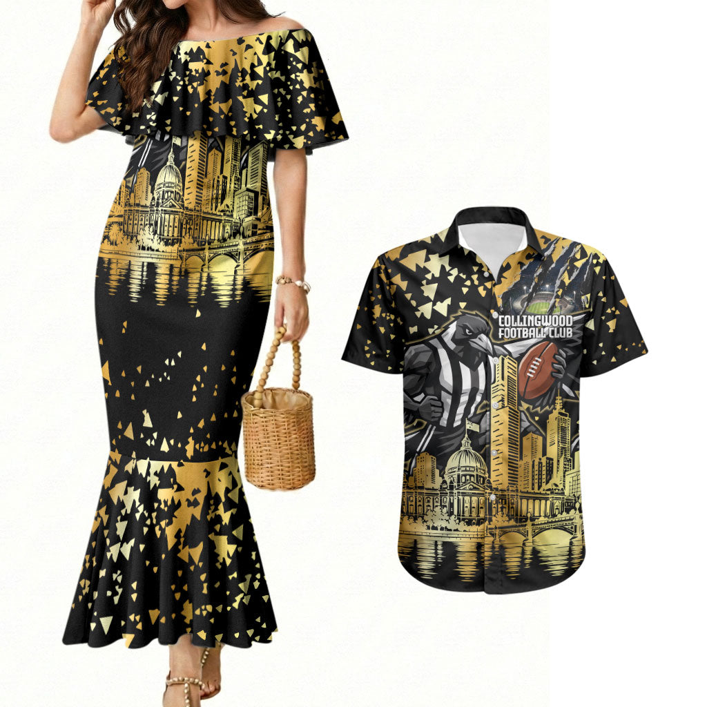 Personalised Collingwood Magpies City Of Football Team Couples Matching Mermaid Dress and Hawaiian Shirt Melbourne City Skyline Illustration Sport Fan