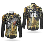 Personalised Collingwood Magpies City Of Football Team Couples Matching Mermaid Dress and Long Sleeve Button Shirt Melbourne City Skyline Illustration Sport Fan