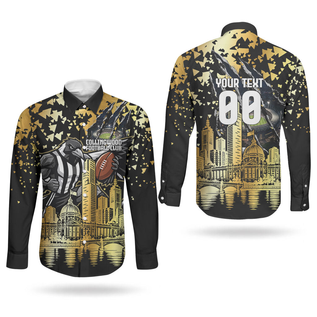 Personalised Collingwood Magpies City Of Football Team Couples Matching Mermaid Dress and Long Sleeve Button Shirt Melbourne City Skyline Illustration Sport Fan