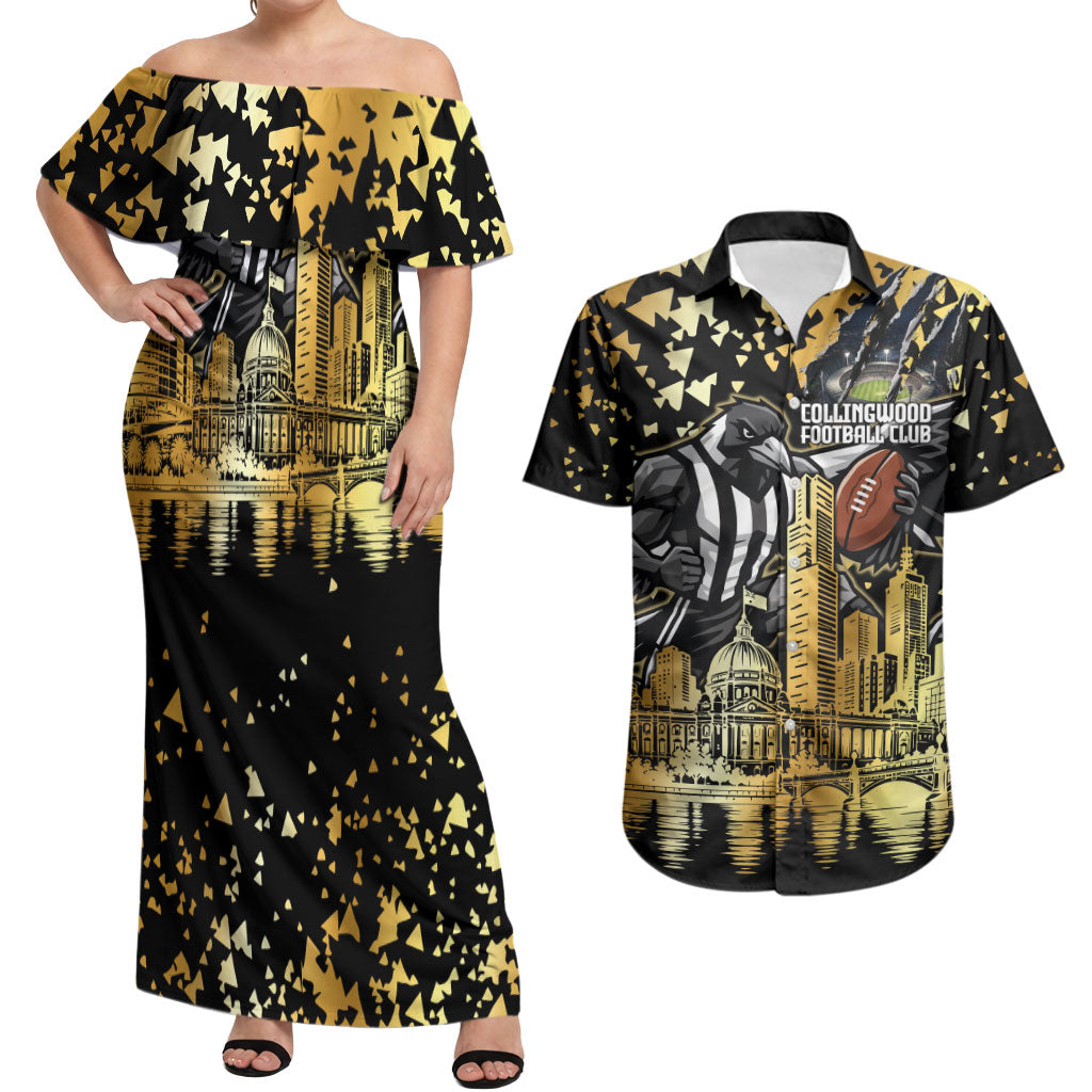 Personalised Collingwood Magpies City Of Football Team Couples Matching Off Shoulder Maxi Dress and Hawaiian Shirt Melbourne City Skyline Illustration Sport Fan