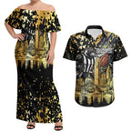 Personalised Collingwood Magpies City Of Football Team Couples Matching Off Shoulder Maxi Dress and Hawaiian Shirt Melbourne City Skyline Illustration Sport Fan