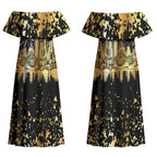 Personalised Collingwood Magpies City Of Football Team Couples Matching Off Shoulder Maxi Dress and Hawaiian Shirt Melbourne City Skyline Illustration Sport Fan
