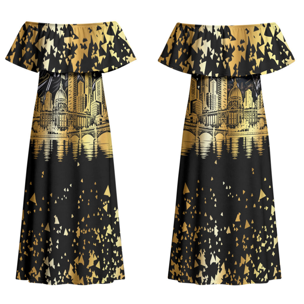 Personalised Collingwood Magpies City Of Football Team Couples Matching Off Shoulder Maxi Dress and Hawaiian Shirt Melbourne City Skyline Illustration Sport Fan