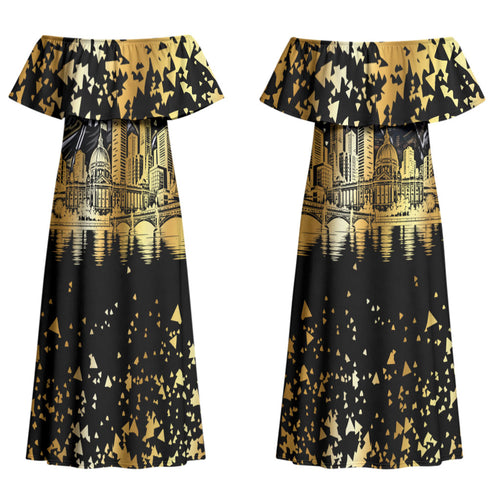 Personalised Collingwood Magpies City Of Football Team Couples Matching Off Shoulder Maxi Dress and Hawaiian Shirt Melbourne City Skyline Illustration Sport Fan