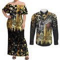 Personalised Collingwood Magpies City Of Football Team Couples Matching Off Shoulder Maxi Dress and Long Sleeve Button Shirt Melbourne City Skyline Illustration Sport Fan