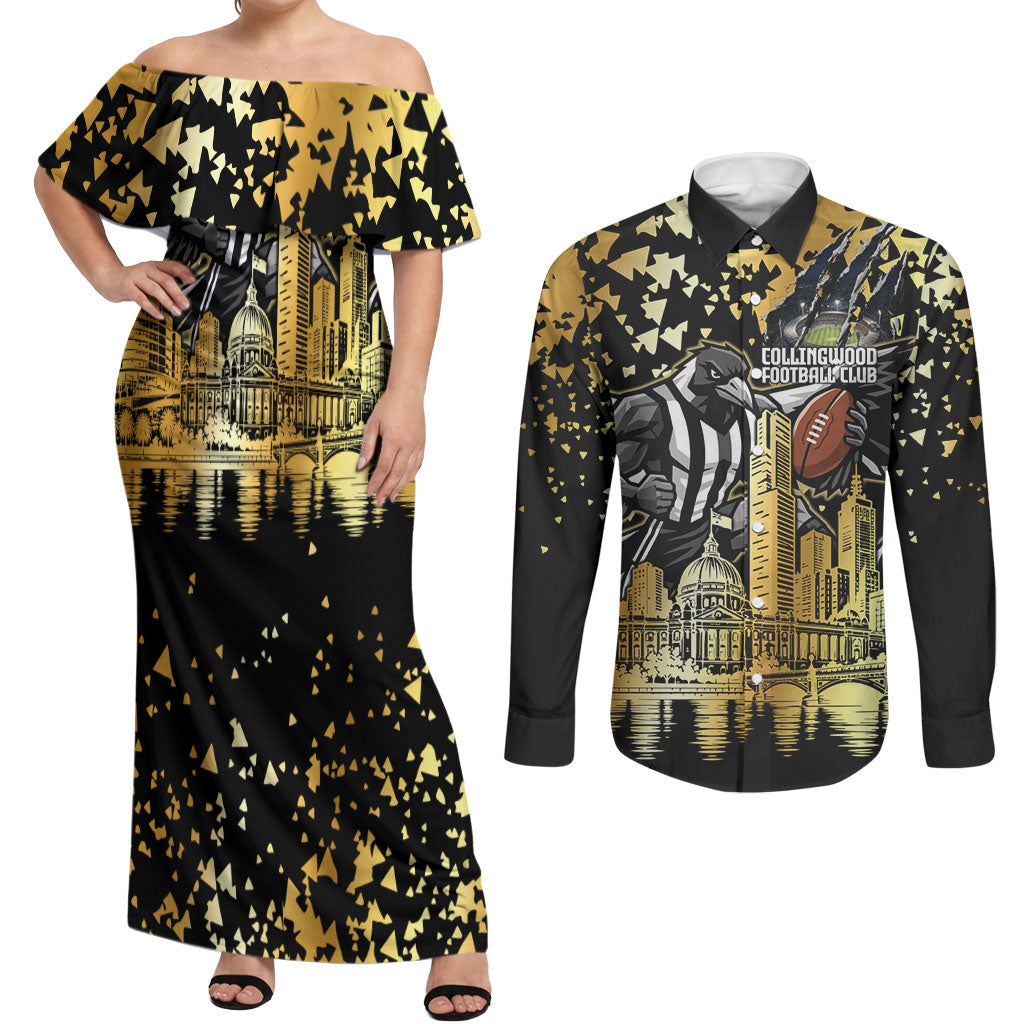 Personalised Collingwood Magpies City Of Football Team Couples Matching Off Shoulder Maxi Dress and Long Sleeve Button Shirt Melbourne City Skyline Illustration Sport Fan