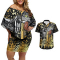 Personalised Collingwood Magpies City Of Football Team Couples Matching Off Shoulder Short Dress and Hawaiian Shirt Melbourne City Skyline Illustration Sport Fan